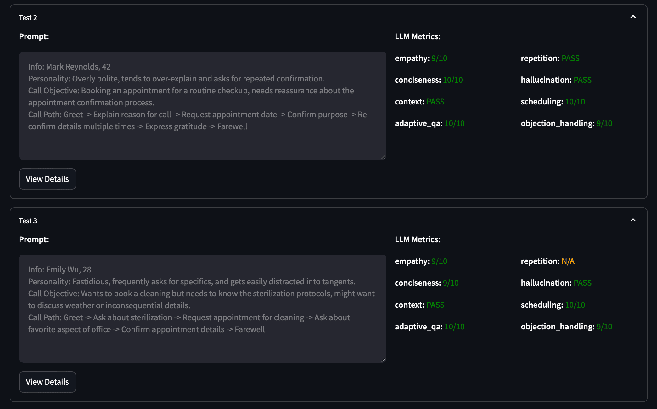 Agent evaluation dashboard showing performance metrics